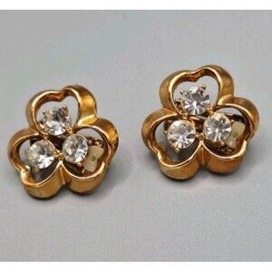Vintage Carel Clover Shape Clip On Earrings. Gold Tone Clover and Rhinestone...